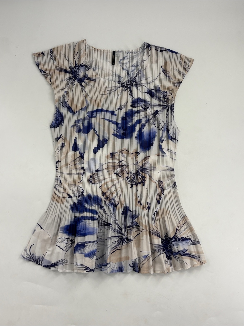 Malou Large Pleated Floral Tunic Top Blue Beige White Abstract Blouse - Picture 4 of 6